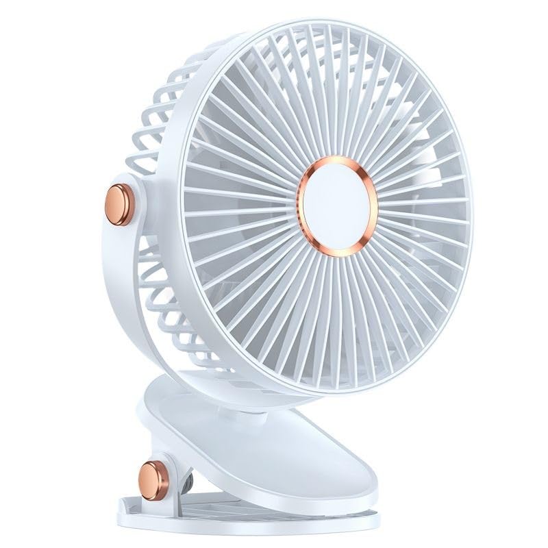 Ventilador de Escritorio USB Recargable con Batería 10000mAh, 5 Velocidades, Silencioso, Luz LED, 360° Ajustable - Portátil para Dormitorio, Oficina, Hogar (Blanco)