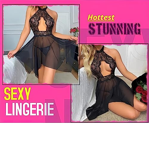 Image of Polyester Spandex & Lace Floral Lingerie for Women Lace Babydoll with G-String Sleepwear Chemise V Neck Mesh Sleepwear Sling Dress Beautifull Babydoll Lingerie Honeymoon