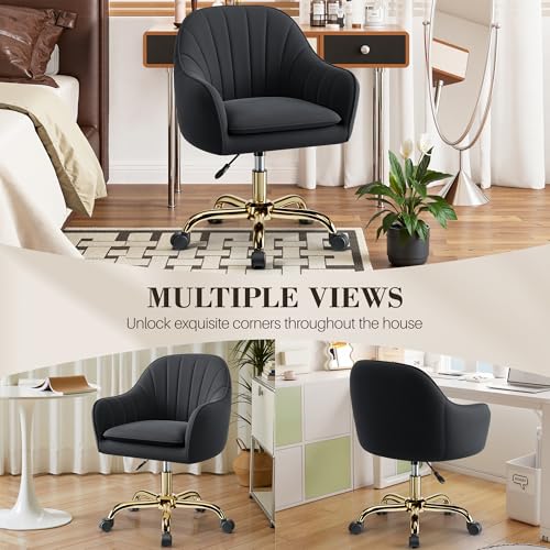 Image of Vanity Chair with Wheels, Comfy Home Office Desk Chairs Adjustable Modern Velvet Makeup Vanity Chairs for Bedroom Living Room-Black