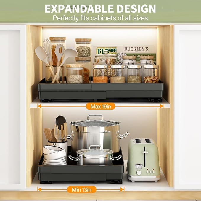 2 pack pull out cabinet organizers expandable (13''-19''), plastic slide out drawers for kitchen, bathroom, pantry, under sink storage, pull out drawers fixed with adhesive nano film (black) black 20.8"d x 13"~19"w(2pack)