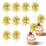 40pcs Foil Firework Cupcake Toppers Happy Birthday Cupcake Toppers Sparkle Tinsel Cupcakes Picks Cocktail Fruit Toothpick for Birthday Wedding Graduation Party Cake Decorations (Gold)