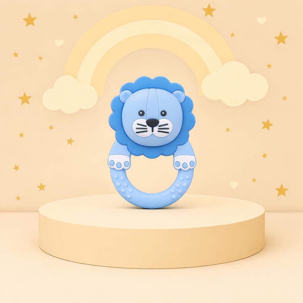 Baby Soft Silicone Chewing Attractive Shape Rattle Teether BPA Free for Teething Molar Teeth Gums Relief 6 to 12 Months (Lion Blue)-image-12