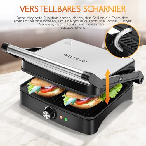 Foto von Aigostar Calore Kontaktgrill, Sandwichmaker 1800W, 180° aufklappbar mit einstellbarer Temperatur (50-220°C), Antihaftbeschichtung und Fettauffangschale