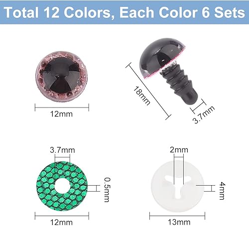 Miniatura 8 de PH PandaHall 24 juegos de ojos de seguridad de plástico, 6 colores, ojos de animales rellenos con purpurina de 1.378 in, ojos de ganchillo para oso