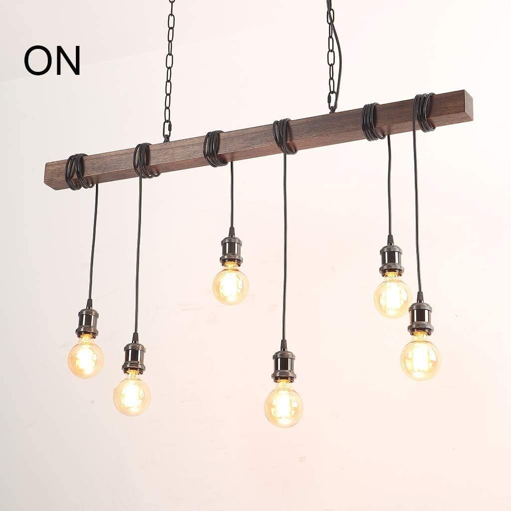 Eoyemin 6-Lights Kitchen Light Fixtures Farmhouse Wooden Retro Rustic Wood Pendant Light Industrial Suspension Line Can Be Adjusted Freely Chandelier for Dining Table Vintage Kitchen Bar Island