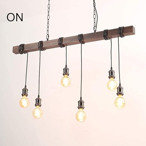 Miniatura 8 de Lámpara colgante de madera rústica con 6 luces de estilo rústico y retro, línea de suspensión industrial, se puede ajustar libremente, lámpara de