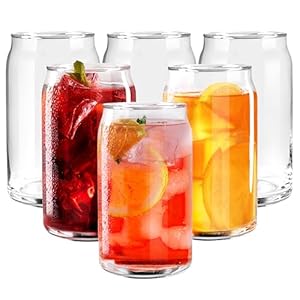 GLING [6 Pack – 16 oz.] Glass Can Shaped Cups Beer & Coffee Tumbler Glasses, Cordial Glasses, Cocktail Glasses