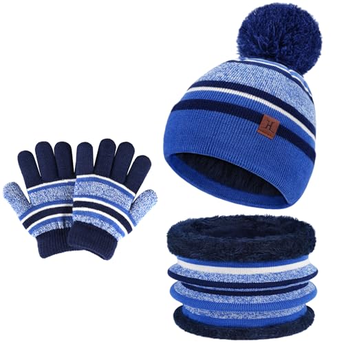 Image of Kids Toddlers Winter Hats Knit Warm Beanie Scarf Gloves Set for Boys Girls Age 2-7, Pompom Cap Neck Warmer Fleece Lined Gifts
