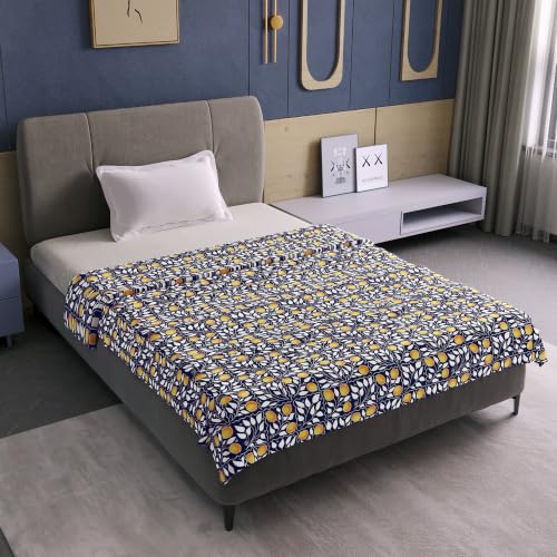 Image of Divine Casa 120 GSM Glace Cotton Single Bed Dohar | Lightweight & Soft AC Blanket | Reversible Quilt | 210 x 140 CM, Navy Blue & Mustard Yellow