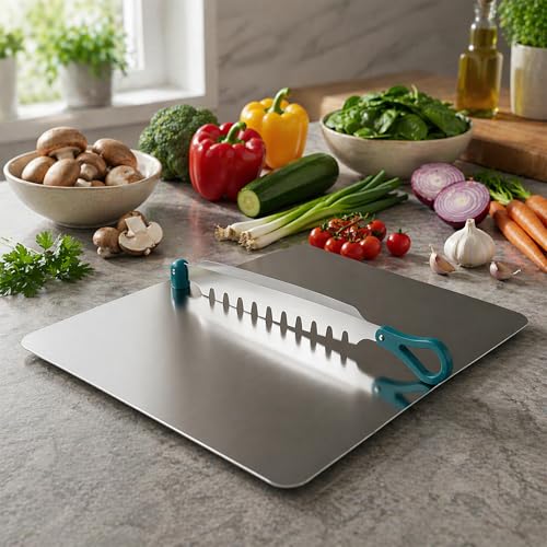 Image of SUPERMOM Steel Chopping Board 1 Pc - Stainless Steel Multifunctional Cut & Chop Vegetable Slicer Tool - Adjustable Cutting Guide with Non Slip Handle for Uniform Slicing of Carrots, Beans & Vegetables