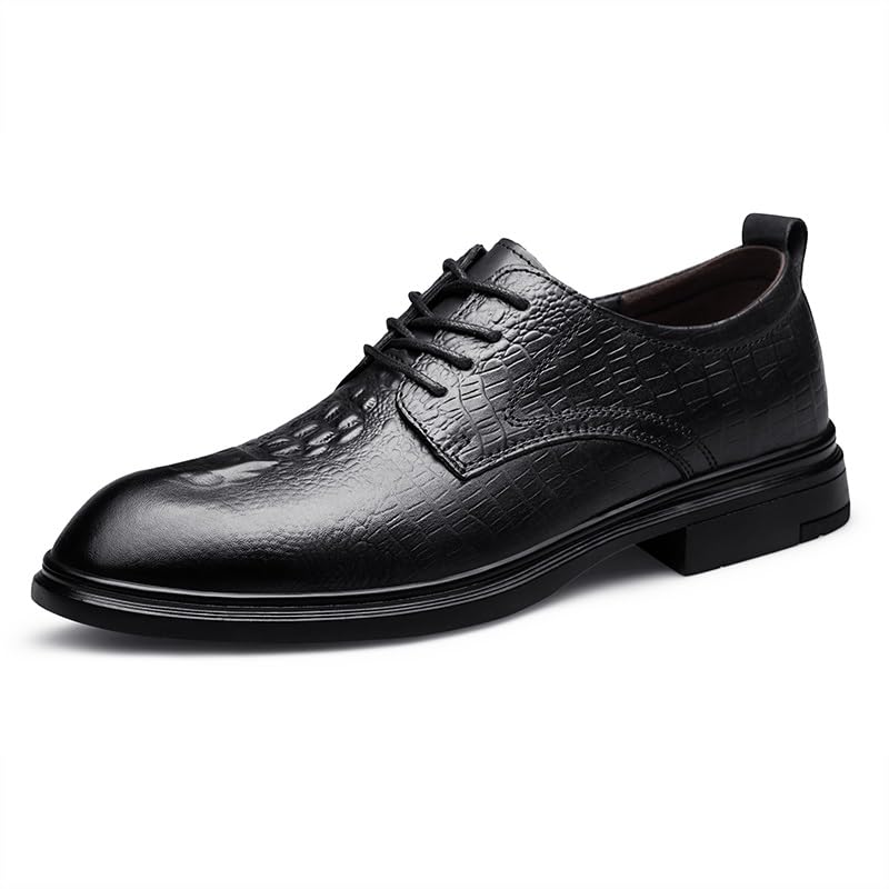 Dress Oxford for Men Lace Up Round Toe Crocodile Print Solid Color Derby Shoes Non Slip Rubber Sole Low Top Block Heel Classic(Black,8)2