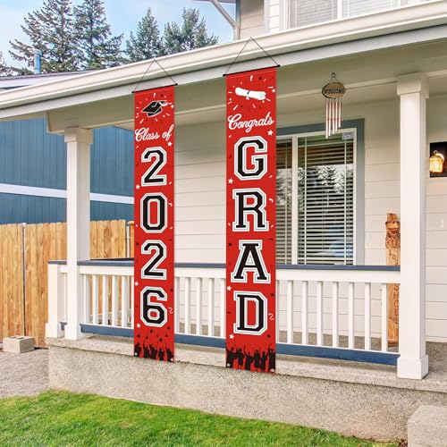 Image of 2026 Graduation Decorations, Red Graduation Banner Class of 2026, Hanging Congratulations /Congrats Grad Porch Banner for Door Schools Grad Party Decorations Red and Black
