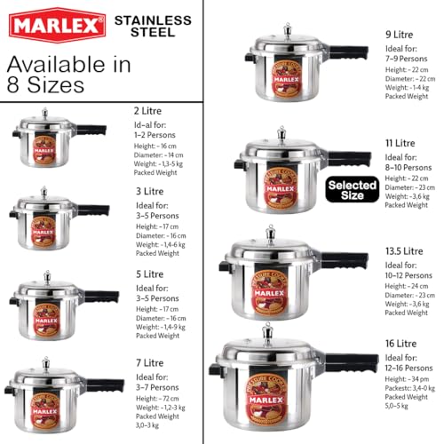 Image of Marlex Premium 11 Litre Aluminium Pressure Cooker | Large Outer Lid Cooker for Large Meal, Big Family, Restaurant Kitchen with Strong Sturdy Handles | Gas Stove Compatible - 5 Year Warranty