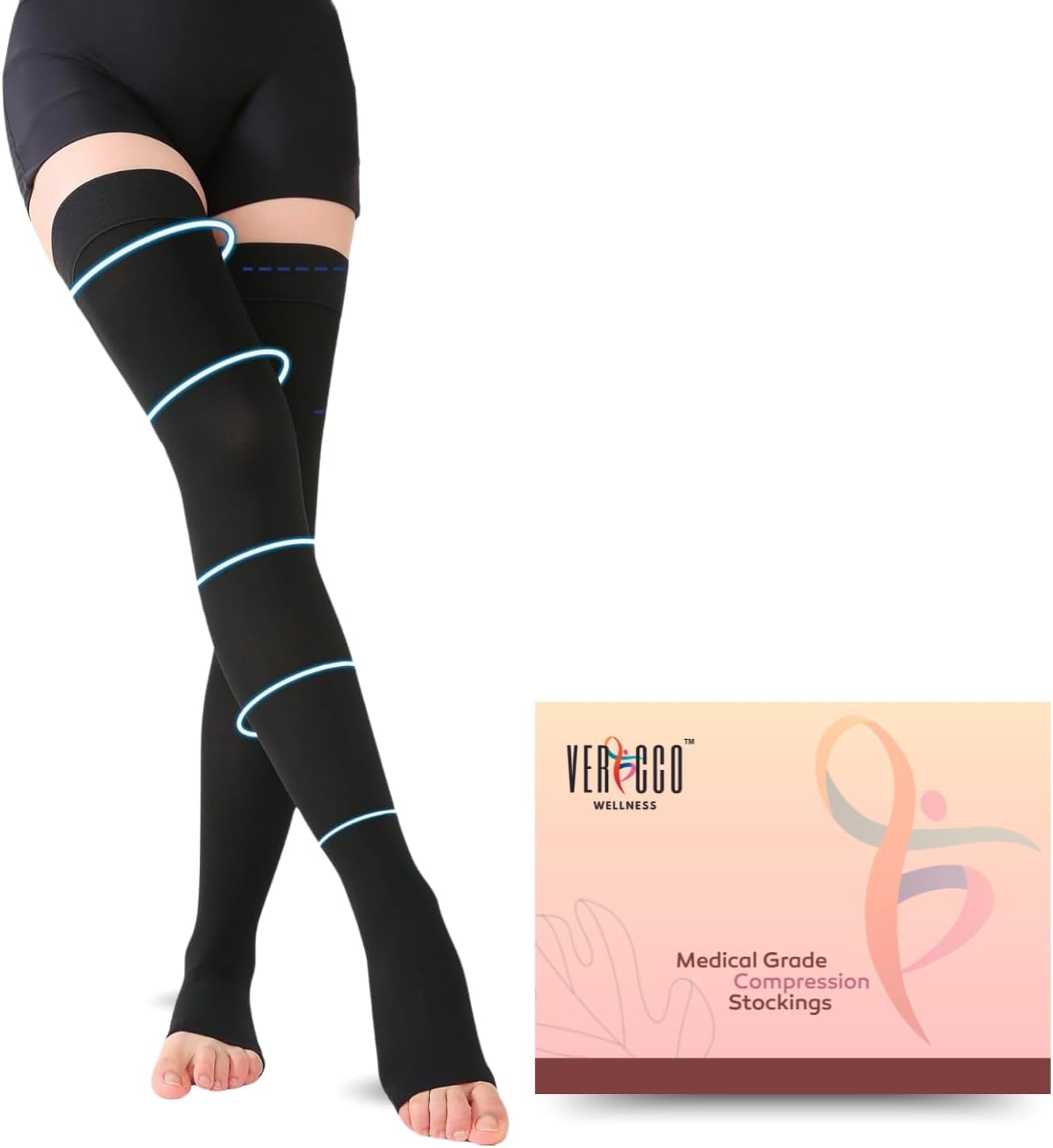 Vericco Wellness Medical Compression Stockings for Varicose Veins | Class 2 Thigh Length | Class II Compression Socks | Varicose veins stockings for Men and Women 23-32 mm Hg - Black