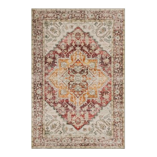 Traditional Vintage Area Mat and Rug Set - 2x3 Distressed Entryway Doormat, Non Slip Washable Floor Carpet for Indoor Spaces, Red and White