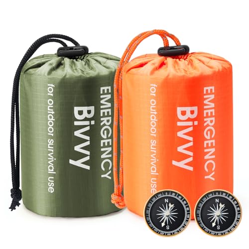 Esky Emergency Sleeping Bag, 2 Pack Portable Survival Thermal Bivy Sack, Waterproof Lightweight Survival Shelter Blanket Bags with Compass for Camping Hiking Outdoor Adventure Orange+Green