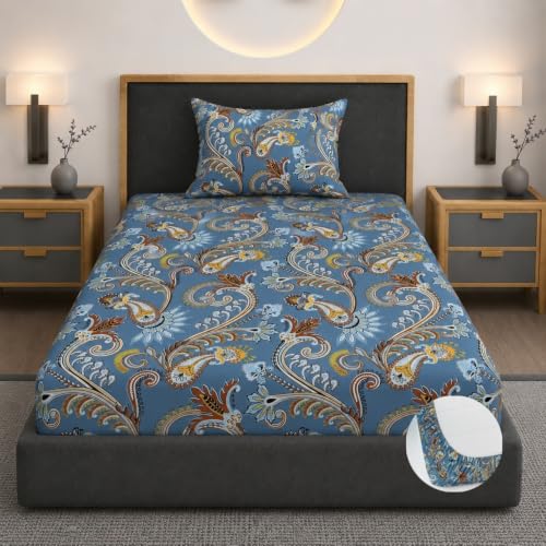 Image of Vaini Premium Heavy Cotton Elastic Fitted Bedsheets with 1 King Size Pillow Covers || Single Bed with All Around Elastic 350 TC || 36 x 78 x 6 Inch Single Size Fitted || :- Blue Jaipuri