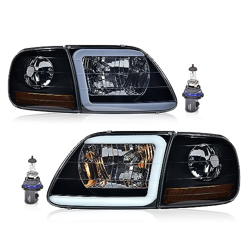 PIT66 LED DRL Headlight Assemblies Compatible with 1997-2002 Ford Expedition/Fit 1998-2003 Ford F150 /2004 F150 Heritage/Fit 1998-1999 F250 Smoky Lens