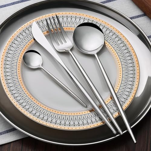 Image of Trifecta 24-Piece Silverware Set, Stainless Steel Flatware Set for 6, Fork Spoon Knife Set, Home Dinnerware Tableware Set for 6, Cutlery Set, Include Knives /Forks /Spoons (Silver)