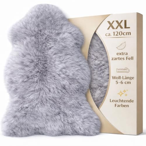 Extra großes 110-120cm Premium Lammfell, Schaffell hell-grau. Extra zartes, geruchsarmes, echtes Merino Kuschelfell. Geschenkqualiät