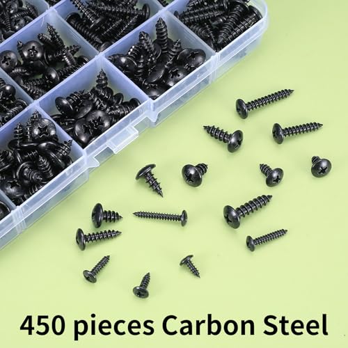 Miniatura 5 de 450 Pcstornillos Autorroscantes, M3 M4 M5 Tornillos Negros Para Carrocería, Tornillos De Cabeza Redonda Y Plana Cruztornillos Para Madera Paneles Acústicos, Guardabarros Y Parachoques