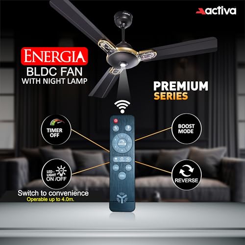 Image of ACTIVA Energia 1200mm BLDC Ceiling Fan with LED Light & Remote | 28W BEE 5 Star Energy Saving Fan, High Air Delivery 3 Blade, Silent Operation, Timer & Reversible Mode, 5 Year Warranty Marble Black