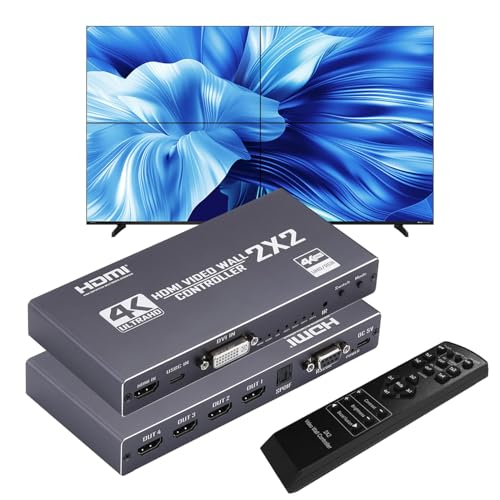 Video Wall Controller 2x2, TV Wall Processor, 4K@30Hz HDMI Multi-Screen Splicing Processor with HDMI+DVI+USB C Input, Support 9 Display Modes 2x2 1x2 1x3 2x1 3x1