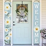 AnyDesign Daisy Porch Sign Summer Spring Welcome Door Sign Light Blue White Flower Hanging Door...