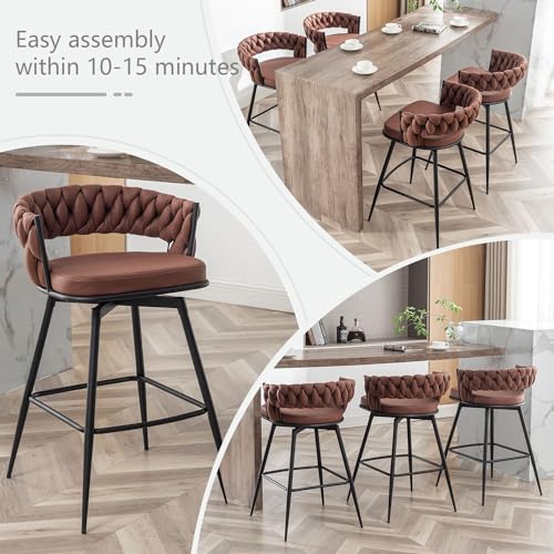 Butacos modernos de altura para barra Canxkun, juego de 2 unidades, asiento tejido, giro de 360°, para isla de cocina, cafetería o barra (marrón) miniatura 5