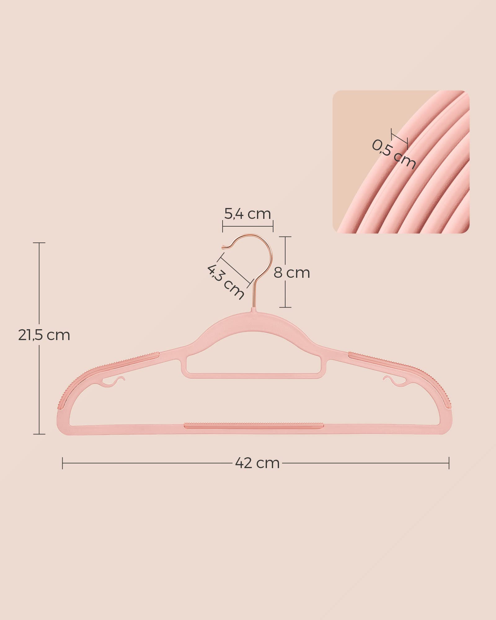 SONGMICS Wieszak na ubrania, zestaw 30 sztuk, wieszaki z tworzywa sztucznego, antypoślizgowe, nie zajmują dużo miejsca, grubość 0,5 cm, długość 42 cm, hak obracany o 360° w kolorze różowego złota,
