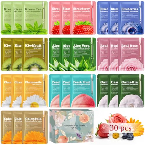 Aottom 30pcs Face Masks Skincare, Bulk Facial Masks for Women Skin Care, Sheet Masks with Natural Ingredients, Gifts Set for Face Spa, Birthday Party Spa Gift