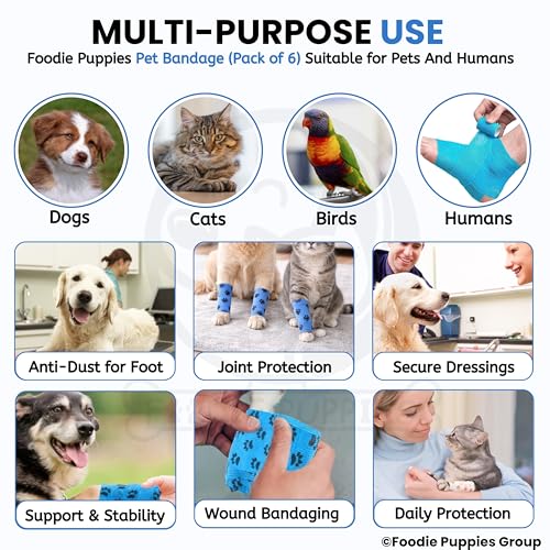 Image of Foodie Puppies 4-Inch Self-Adhesive Kinesiology Pet Bandages - (6 Rolls, Large, 1.8M Each) | Waterproof, Elastic, Breathable Wrap for Dogs, Cats, and Humans | Wound Care, First Aid, Injury Recovery