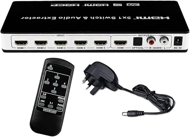 Unocho 4k hdmi switch 30Hz hdmi switcher 5 Port 5x1 Hdmi Selector Splitter hdmi Audio Extractor Supports 1080P Ultra HD 4K Full HD 3D ARC with IR Remote Control
