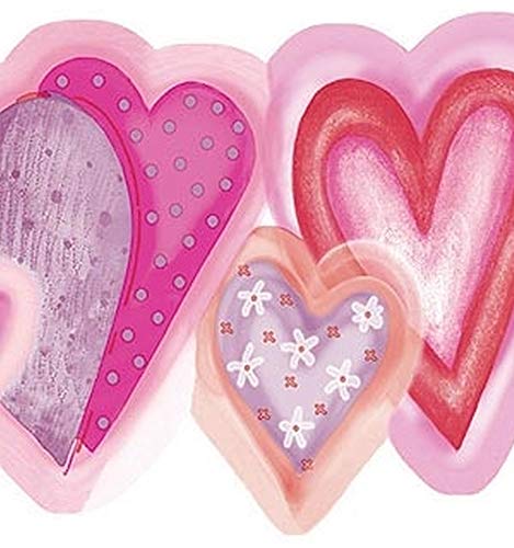Dundee Deco BD6279 Frise de Papier Peint, Frise Murale, Bordure murale précollée pour enfants Rose violet, cœur rouge Motif rétro 4,57 m x 15,24 cm