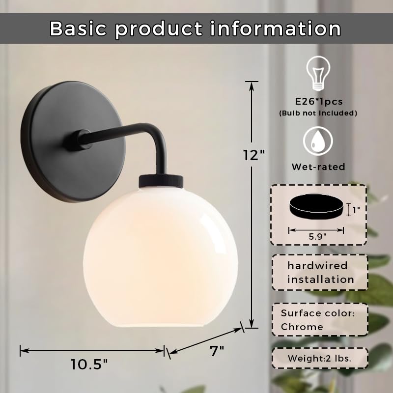 Image of Modern Glass Globe Single Sconce, Matte Black Metal Finish Wall Light for Bedroom, Hand-Polished Milky Glass Shade Vanity Light Beside Mirror, Elegant Light Fixtures for Indoor