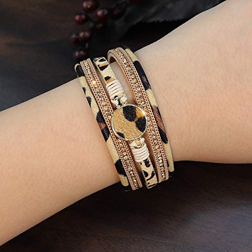 Wovanoo Leopard Leather Wrap Bracelets For Women Multilayer Cuff Bangle With Magnetic Buckle Gift For Birthday, Mother's Day, Valentine's Day Round Buckle #TOP4