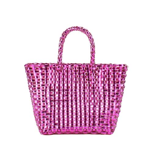 Image of Woven Bucket Bag for Women Top-handle Clutch Hangbag Trendy Tote Purses Chic Straw Beach Shoulder Bag Travel Holiday (Rose red, Small)