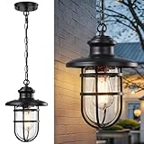 DOCIUEON Outdoor Pendant Lights for Porch, Black Exterior Hanging Lanterns Chandelier with Tempered Seeded Glass, Outdoor Ceiling Lights Fixtures for Front Patio Door Entrance Entryway