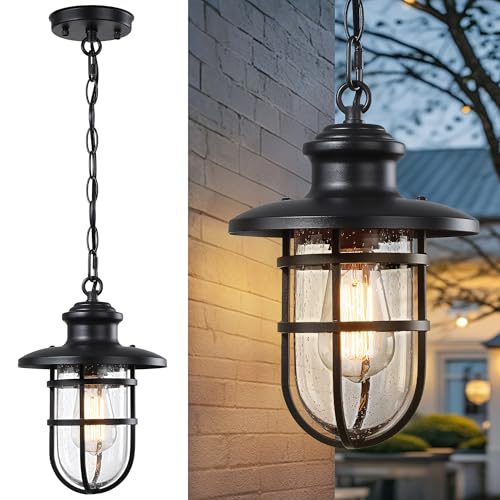 DOCIUEON Outdoor Pendant Lights for Porch, Black Exterior Hanging Lanterns