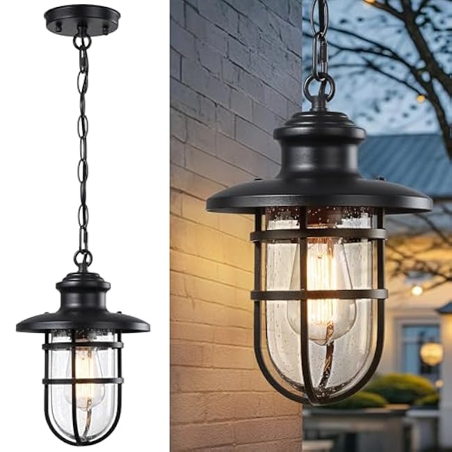 Outdoor Pendant Lights for Porch, Black Exterior Hanging Lanterns Chandelier with Tempered Seeded Glass, Outdoor Ceiling Lights Fixtures for Front Patio Door Entrance Entryway