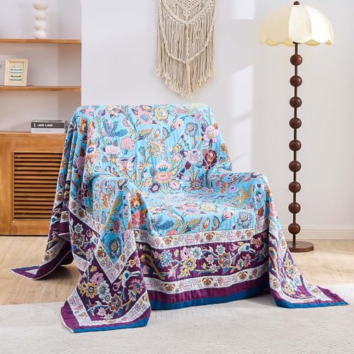 Image of XIBLC Fall Blanket for Bed, 100% Cotton Soft Rustic Boho Throw Blanket Quilt, 60 inchx80 inch Farmhouse Decor Bed Flower Blankets, Light Weight Reversible Bohemian Throw Quilt