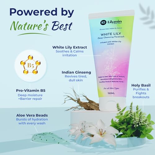 Image of White Lily Deep Cleansing Face Wash | With White Lily, Indian Ginseng, Shea Butter, Aloe Vera & Avena Strigosa, Gentle Face Wash for Glowing Skin, Reduces Acne & Pores Facewash For Men & Women150ML