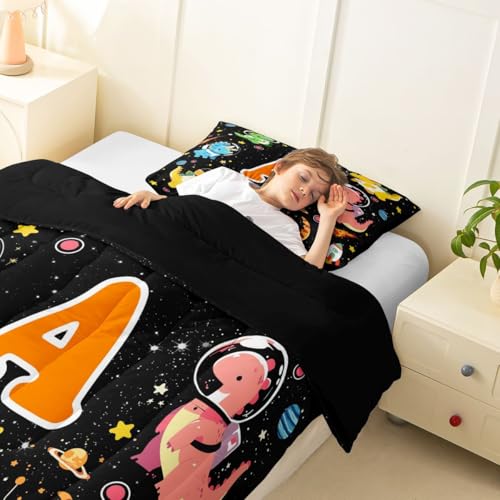 Edredón individual de dinosaurio espacial con cohetes y planetas para niños 5