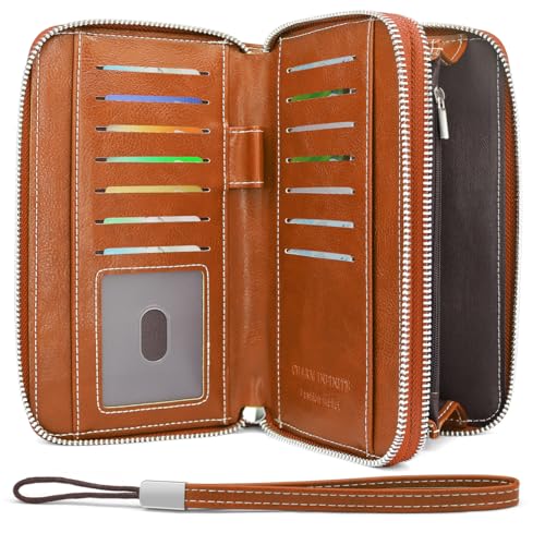 Portafoglio Donna pelle PU Grande Capacità Lungo Cerniera con Bloccaggio RFID Elegante Portamonete con 14 Scomparti per Carte Marrone