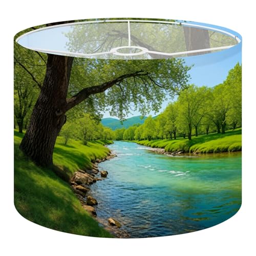 Drum Lamp Shade Serene River Flowing Green Meadow Vibrant Trees