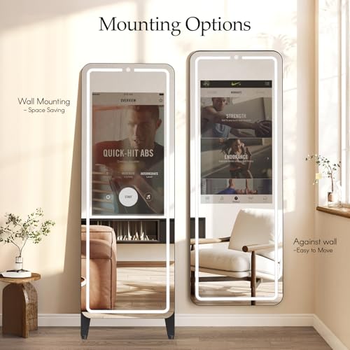 Image of Smart Gym Mirror for Home Workout | 32 inch HD Touch-Screen Andriod 12 OS | 61 inch Reflective Surface | No VIP Fees Support Various APP, Voice Control, Music Sync LED Strip Lights, for Home Gym / Yoga / Dance