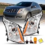 JSBOYAT Halogen Headlight Assembly for 10-16 Cadillac SRX 2010 2011 2012 2013 2014 2015 2016 Factory OE Style Projector Headlamp Pair Set Replacement Chrome Housing with Bulbs NOT Fit HID Model