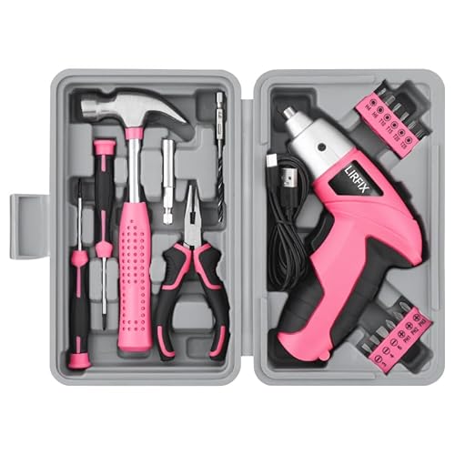 LIRFIX Pink 20-Piece 3.6V USB Rechargeable Cordless Screwdriver Set - Compact Toolbox with Claw Hammer, Needle-Nose Pliers & Screwdriver Bits, Low-Power Electric Tool Kit for Women, Ideal Gift