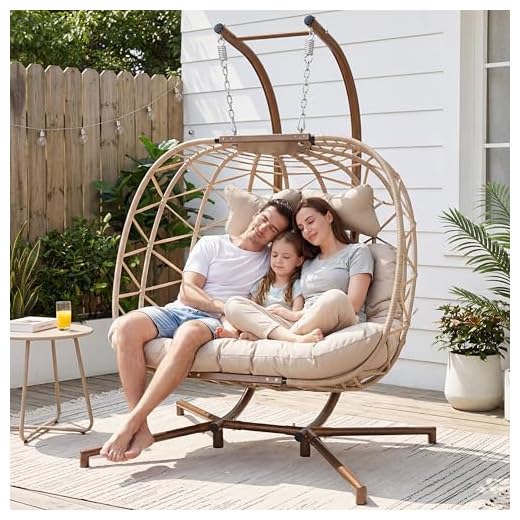 NICESOUL® Double Swing Egg Chair with Stand Large 2 Person Indoor Outdoor Wicker Patio Twins Basket Hanging Chair with Cushions 510lbs Capaticy for Bedroom Balcony Patio Oversized