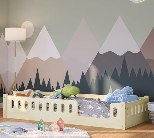 Bellabino Bodenbett Miera 90x200 cm, Montessori Kinderbett Natur lackiert, Bett für Kinder inkl. Rausfallschutz und Rolllattenrost mit Eingang aus Birke Sperrholz